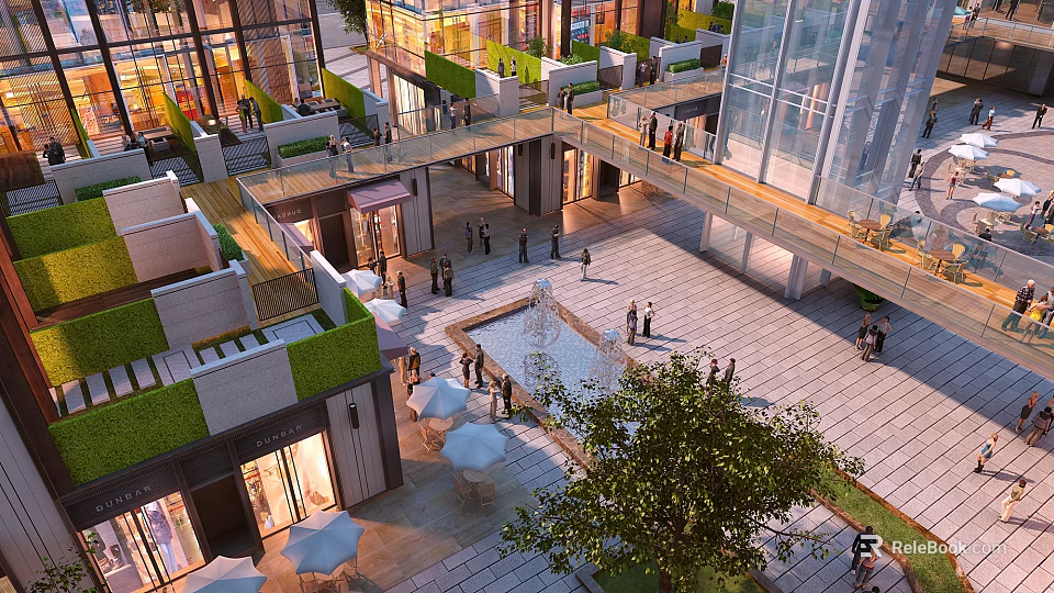 Modern Commercial Street Shopping Area With Glass Buildings Pedestrians And Fountain Plaza 3d model 