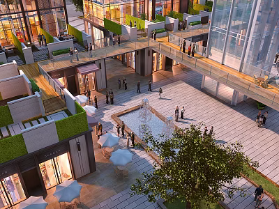 Modern Commercial Street Shopping Area With Glass Buildings Pedestrians And Fountain Plaza 3d model