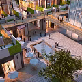 Modern Commercial Street Shopping Area With Glass Buildings Pedestrians And Fountain Plaza