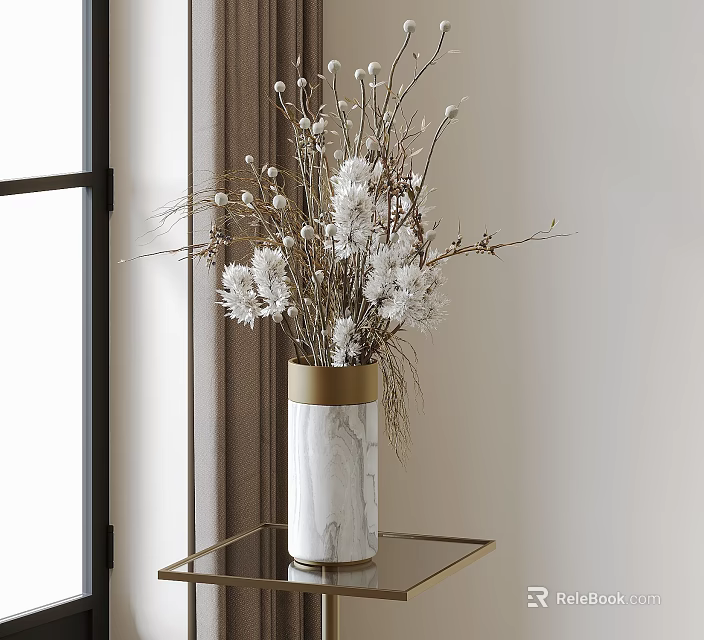 Marble Vase With Gold Rim Holding White Flowers Dried Branches On Glass Table By Window 3d model 