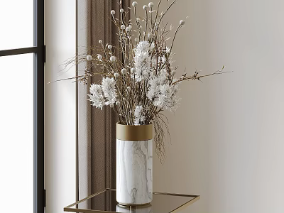 Marble Vase With Gold Rim Holding White Flowers Dried Branches On Glass Table By Window 3d model