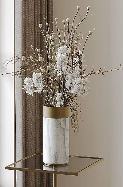 Marble Vase With Gold Rim Holding White Flowers Dried Branches On Glass Table By Window 3d model