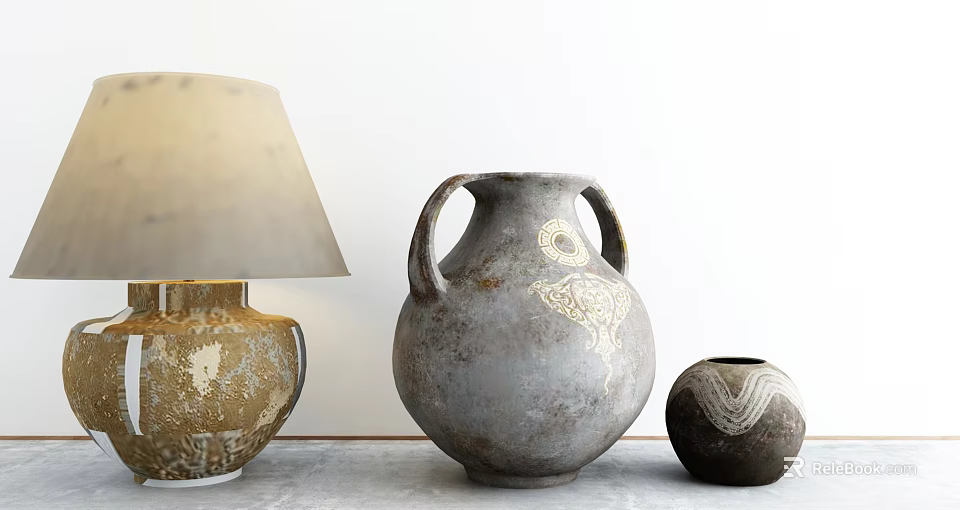 Decorative Ornament Set With Ceramic Table Lamp Gray Amphora Vase And Brown Wave Pattern Decor 3d model