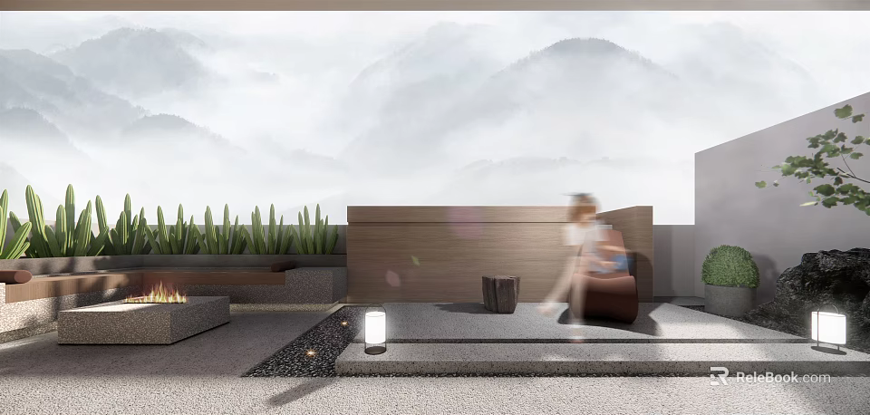 Modern Villa Balcony Design With Mountain View Green Plants And Outdoor Seating 3d model 
