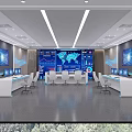 Modern Control Room Interior With World Map Screens Control Desks And Computers 3d model