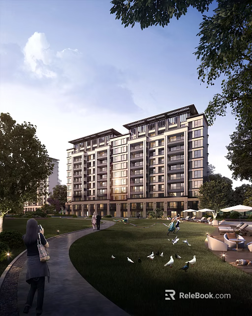 Modern Multi Story Residential Building with Green Lawn Trees and Outdoor Leisure Seating 3d model 