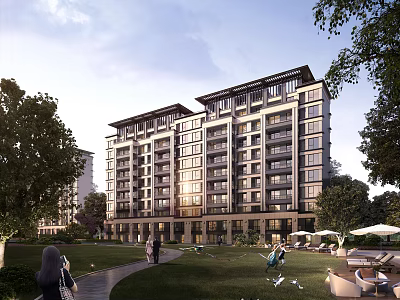 Modern Multi Story Residential Building with Green Lawn Trees and Outdoor Leisure Seating 3d model