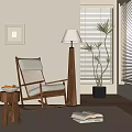 Wooden Rocking Leisure Chair With Gray Linen Cushion Floor Lamp And Potted Plant Near Window