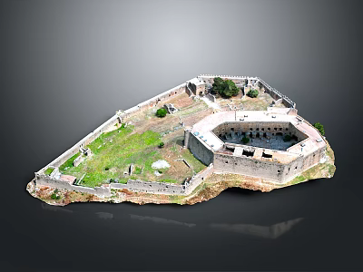 Historical Ancient Fortress Structure With Encircling Walls Green Grass And Trees 3d model