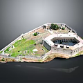 Historical Ancient Fortress Structure With Encircling Walls Green Grass And Trees
