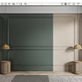 Green And Beige Paneled Accent Wall With Gold Pendant Lights Woven Stools And Herringbone Rug