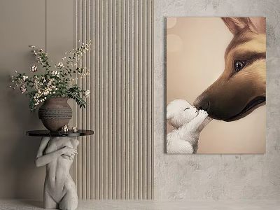 Artistic Animal Painting Featuring Dog and Kitten Snuggling Nose to Nose 3d model