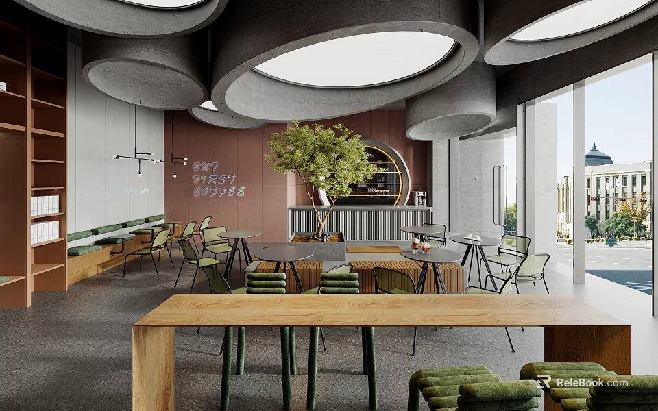 Modern Bar Interior With Green Plant Tables Chairs And Large Windows 3d model 