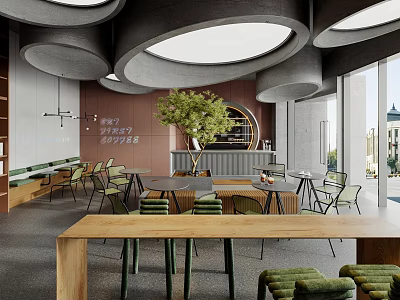 Modern Bar Interior With Green Plant Tables Chairs And Large Windows 3d model