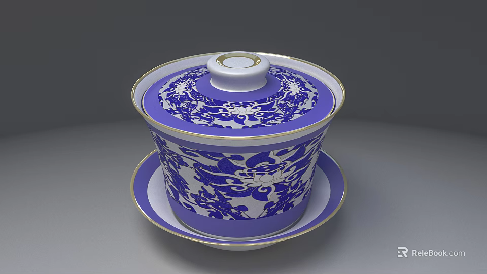Blue And White Teacup With Lid And Matching Saucer Classic Floral Patterns 3d model 