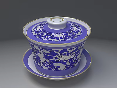 Blue And White Teacup With Lid And Matching Saucer Classic Floral Patterns 3d model