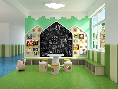 Kindergarten Classroom Interior With Green White Walls Blackboard Small Stools And Green Floor 3d model