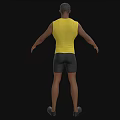 A man wearing yellow tank top and black shorts with arms outstretched against black background