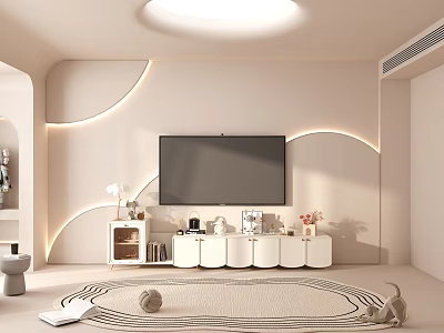 Modern TV Background Wall With Curved LED Lighting White Cabinets And Cozy Decorative Rug 3d model