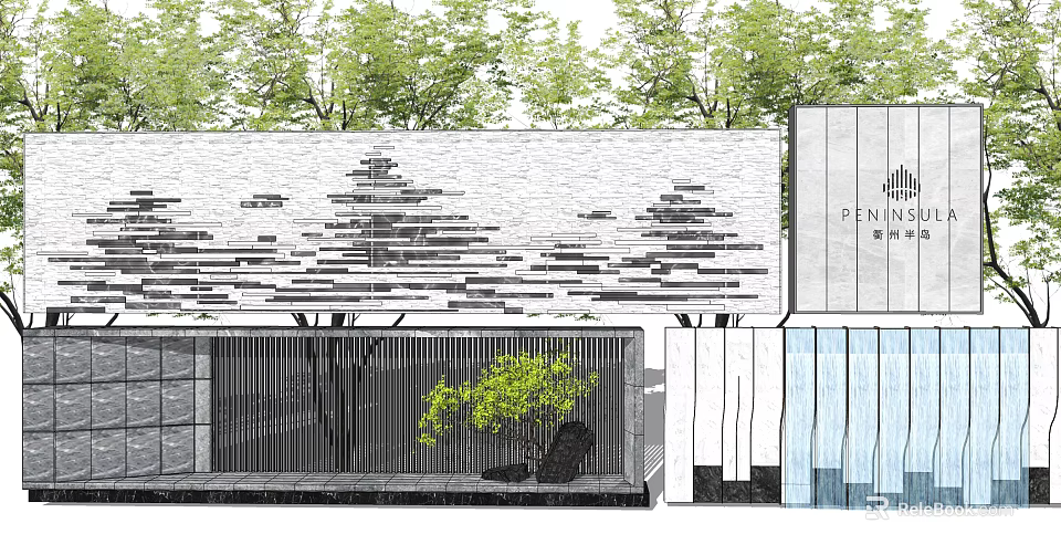 Modern Building Exterior Wall With Horizontal Stone Strips Green Trees And Glass Elements 3d model 