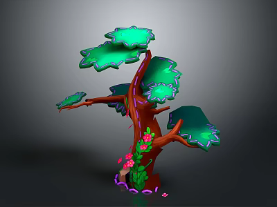 Cartoon Tree Scene With Red Trunk Green Leaves Pink Flowers And Purple Base 3d model