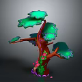 Cartoon Tree Scene With Red Trunk Green Leaves Pink Flowers And Purple Base