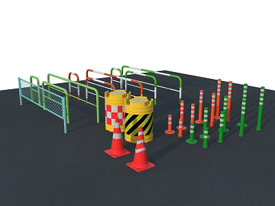 Safety Fence With Green Red Poles Traffic Cones And Striped Warning Barrels For Construction 3d model