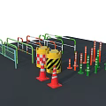 Safety Fence With Green Red Poles Traffic Cones And Striped Warning Barrels For Construction