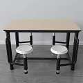 Simple Indoor Dining Table Set with Two White Stools Light Colored Top and Black Legs 3d model