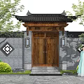 Traditional Chinese Entrance Gate With Black Tiled Roof Gray Brick Wall And Wooden Doors