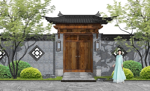 Classical Chinese Courtyard Door Head Zen Node Door Set 3d model