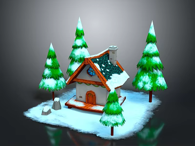Snowy Cottage With Green Pine Trees And Snow Covered Roof 3d model