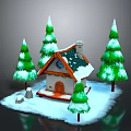 Snowy Cottage With Green Pine Trees And Snow Covered Roof
