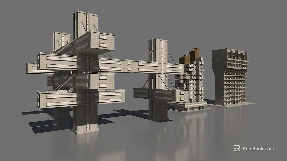Gray Architectural Model With Complex Cross Beams Columns And High Rise Structures 3d model 