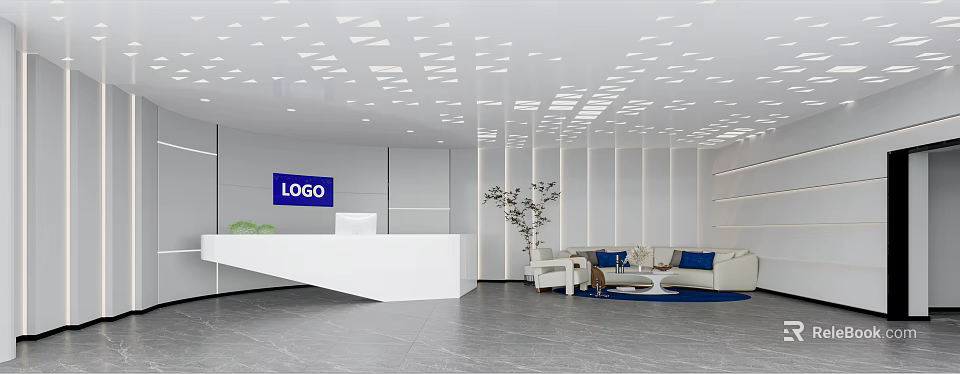 Modern Reception Interior With White Desk Logo Wall Ceiling Lights Sofa And Plant 3d model