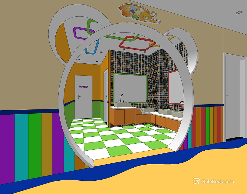 Public Restroom With Child Friendly Design Colorful Striped Walls And Green White Checkered Floor 3d model 