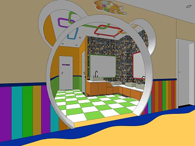 Public Restroom With Child Friendly Design Colorful Striped Walls And Green White Checkered Floor 3d model