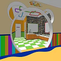 Public Restroom With Child Friendly Design Colorful Striped Walls And Green White Checkered Floor