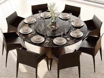 Modern Round Dining Table Set with Marble Top Black Chairs Tableware and Fresh Greenery 3d model