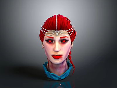 Woman with Red Hair and Braided Style Wearing Decorative Headband Red Eyes and Blue Collar 3d model