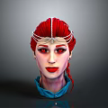 Woman with Red Hair and Braided Style Wearing Decorative Headband Red Eyes and Blue Collar