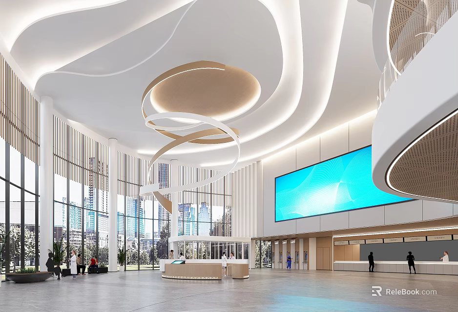 Modern Hospital Outpatient Clinic Lobby With Spacious Design And Large Digital Screen 3d model 