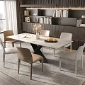 Modern Dining Table Set With Marble Top Beige And White Chairs Bookshelves And Natural Light