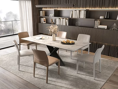 Modern Dining Table Set With Marble Top Beige And White Chairs Bookshelves And Natural Light 3d model