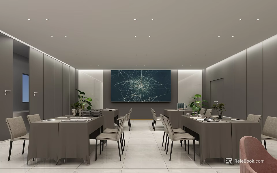 Hotel Public Lounge Area With Long Tables Chairs Gray Walls Ceiling Lights And Green Plants 3d model 