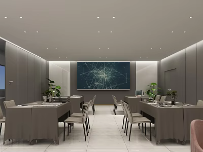 Hotel Public Lounge Area With Long Tables Chairs Gray Walls Ceiling Lights And Green Plants 3d model