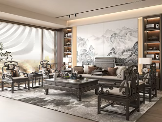 Chinese-style Home Living Room Sofa Coffee Table Combination Multi-person Sofa Coffee Table Leisure Chair 3d model