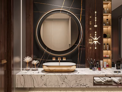 Elegant Modern Bathroom Interior With Round Mirror Marble Countertop And Gold Faucet 3d model
