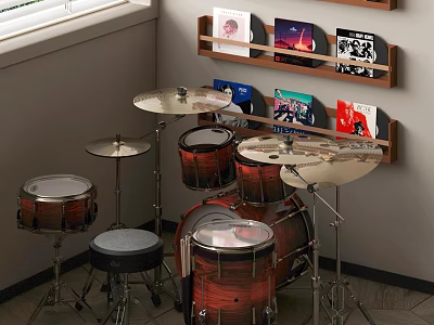 Elegant Musical Instruments and Art Supplies Display With Drum Set Vinyl Records On Wall Shelves 3d model