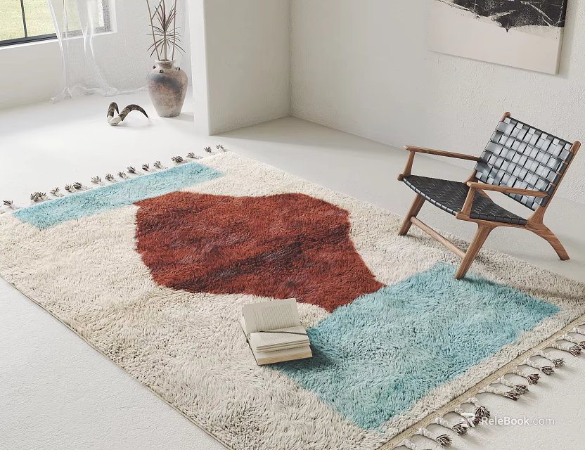 Square Area Rug With Beige Red Blue Color Block Design Tasseled Edges And Accent Chair 3d model 